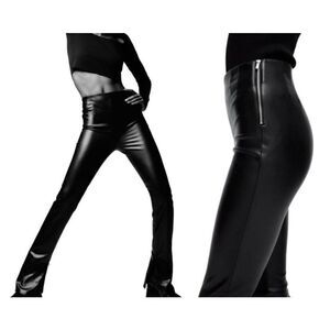 Zara Black Faux Leather Flare With Side Zipper Leggings Size Large NEW